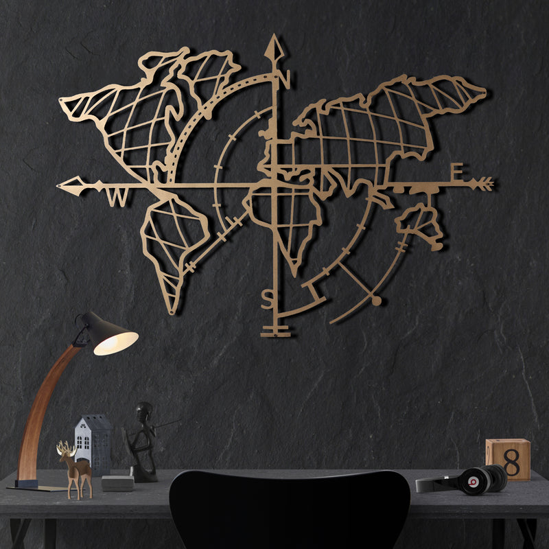 Bystag metal dekoratif duvar aksesuarı dünya haritası- Bystag metal wall art-wall art-wall decor-metal wall decor-world map-metal world map-gold world map compass