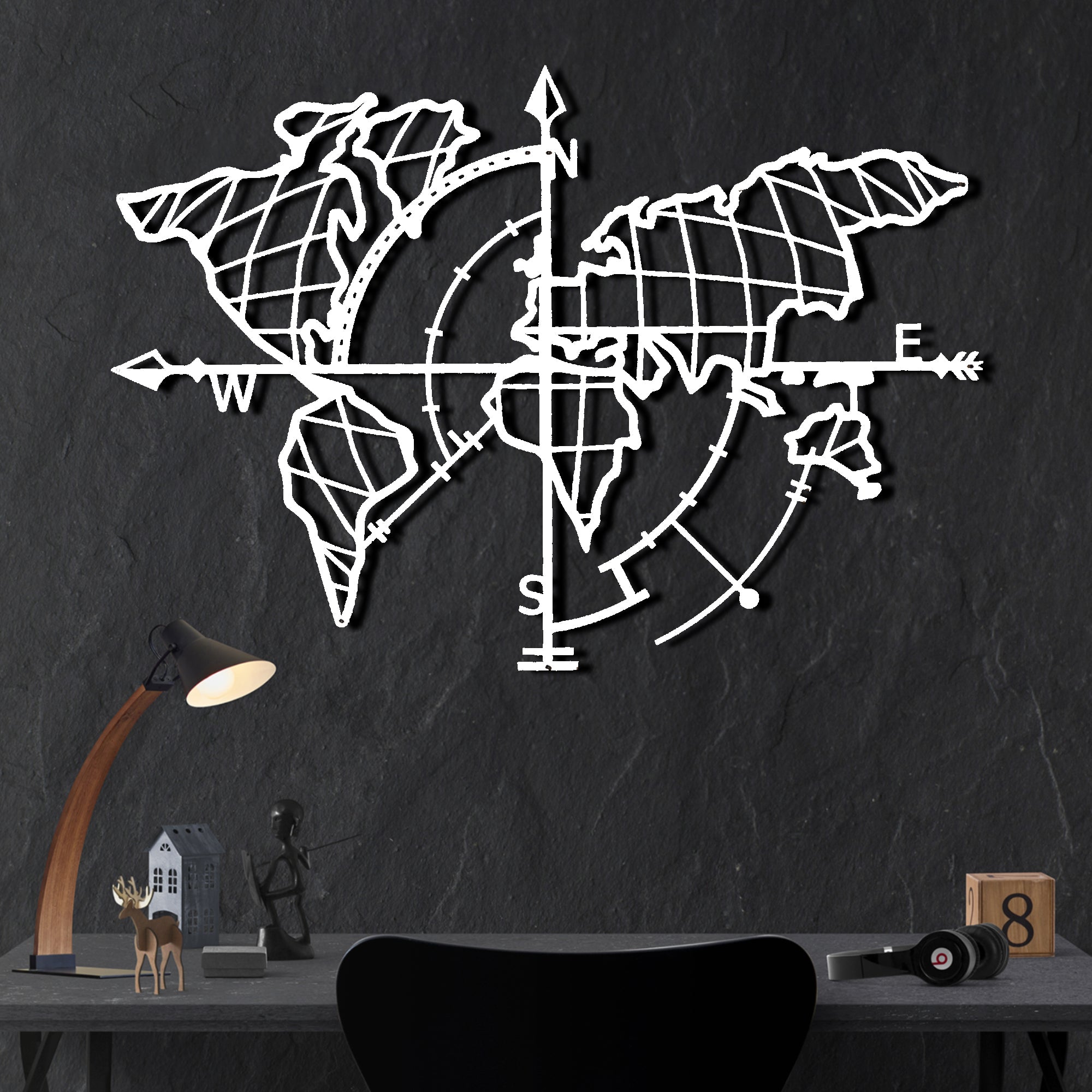 Bystag metal dekoratif duvar aksesuarı dünya haritası- Bystag metal wall art-wall art-wall decor-metal wall decor-world map-metal world map-white world map compass