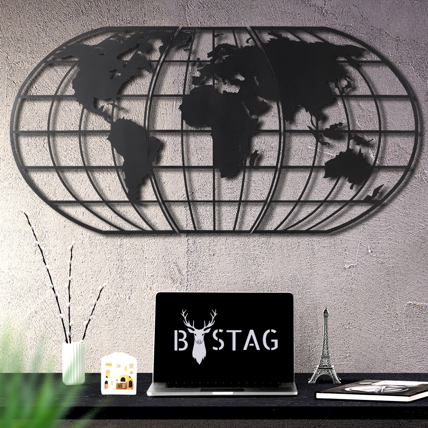 Bystag metal dekoratif duvar aksesuarı dünya haritası- Bystag metal wall art-wall art-wall decor-metal wall decor-world map-metal world map-black world map globe-globe